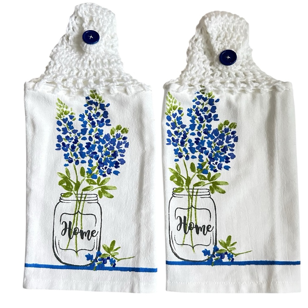 Hand Crafted Colorful Floral Home Blue and Green Hanging Kitchen Hand Towels